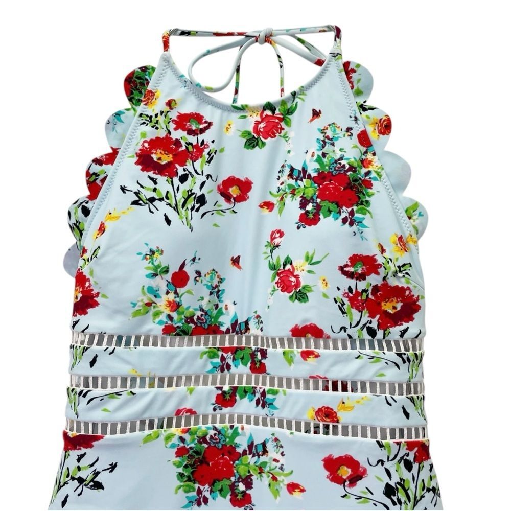 NWT Cupshe Light Blue And Red Floral Halter One-Piece Swimsuit Size Medium New - Picture 6 of 16